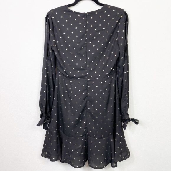 Gianni Bini Black & Gold Polka Dot Dress Size Small Bow Sleeve Ruffle Hem NWT - Picture 4 of 11